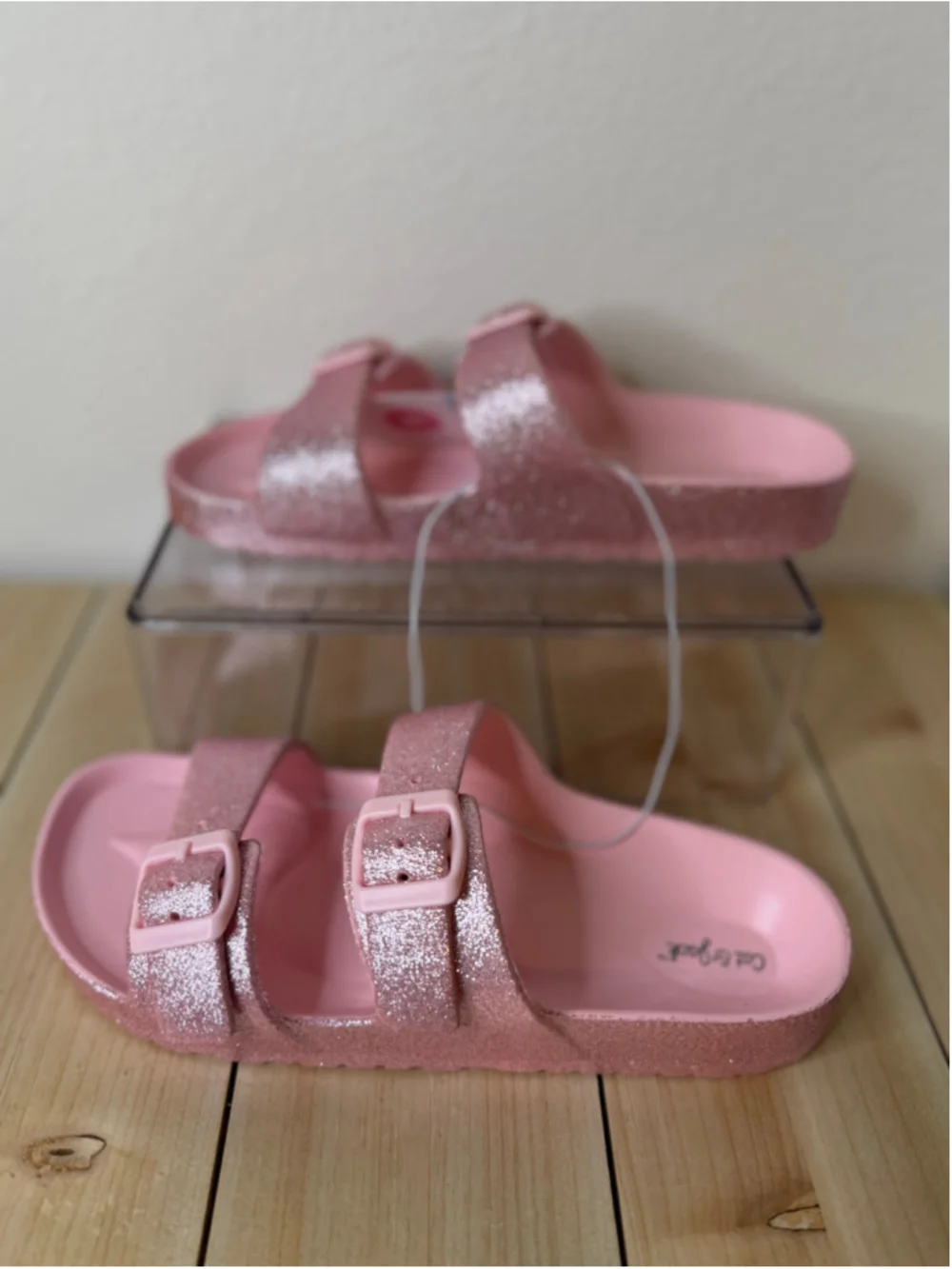 Cat & Jack Girls’ Pink Glitter Double Buckle Slide Sandals Size 4 NWT
